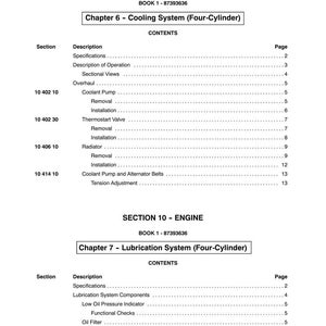 May include: A page from a manual titled "SECTION 10 - ENGINE" with the book number 1-87393636. The table of contents lists chapters on cooling and lubrication systems, including specifications, removal, and installation instructions.