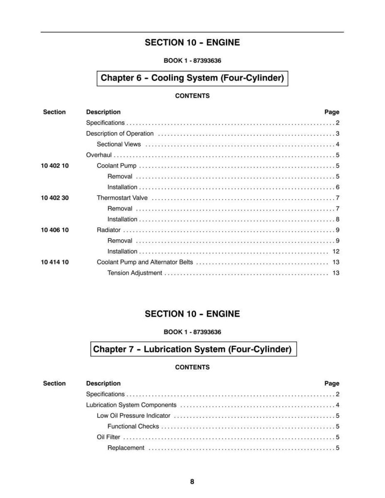 May include: A page from a manual titled "SECTION 10 - ENGINE" with the book number 1-87393636. The table of contents lists chapters on cooling and lubrication systems, including specifications, removal, and installation instructions.