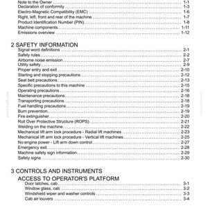 May include: A white and black printed document titled "Contents" with a detailed table of contents. The document is divided into sections such as "General Information", "Safety Information", and "Controls and Instruments".