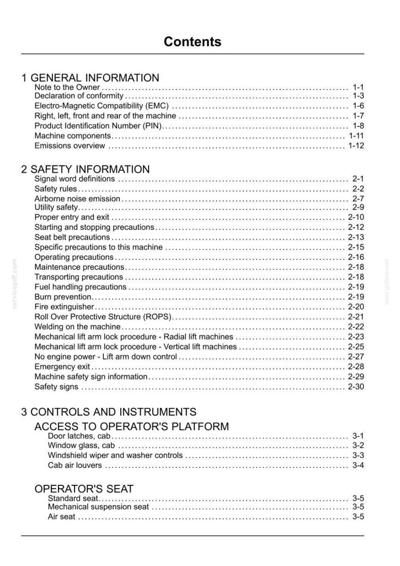 May include: A white and black printed document titled "Contents" with a detailed table of contents. The document is divided into sections such as "General Information", "Safety Information", and "Controls and Instruments".
