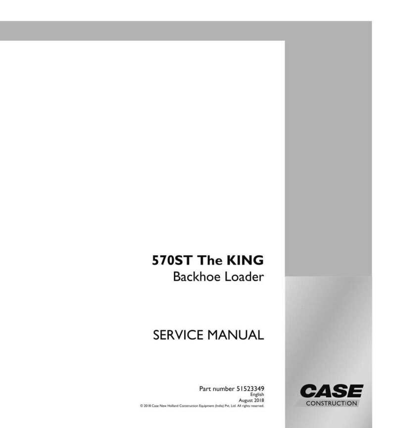May include: A white service manual for a 570ST The KING Backhoe Loader. The cover includes the text "SERVICE MANUAL" and "CASE CONSTRUCTION". The part number is 51523349, and the manual is in English, dated August 2018.