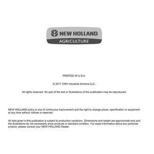 May include: A white document with the "NEW HOLLAND AGRICULTURE" logo in gray and black. The document includes text about technical publications and tools, copyright information, and a disclaimer about product variations.