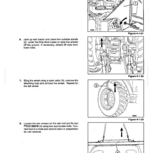 Op de afbeelding: Technische diagram uit een handleiding voor tractorenonderhoud. Toont stappen zoals het verwijderen van zijpanelen, het opkrikken van de achterkant, het verwijderen van wielen en het losdraaien van schroeven op het cabinedak. Tekst bevat sectietitel en figuurnummers.