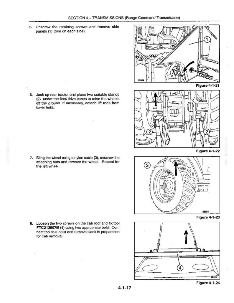 Op de afbeelding: Technische diagram uit een handleiding voor tractorenonderhoud. Toont stappen zoals het verwijderen van zijpanelen, het opkrikken van de achterkant, het verwijderen van wielen en het losdraaien van schroeven op het cabinedak. Tekst bevat sectietitel en figuurnummers.