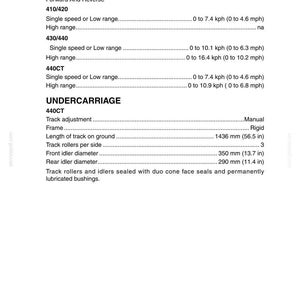 May include: A page from a manual with specifications for a machine. The text includes travel speeds, undercarriage details, and measurements in both kilometers per hour and miles per hour, as well as millimeters and inches.