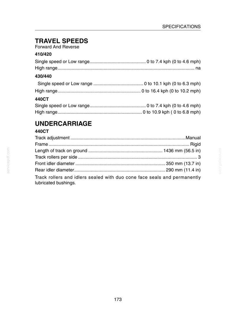 May include: A page from a manual with specifications for a machine. The text includes travel speeds, undercarriage details, and measurements in both kilometers per hour and miles per hour, as well as millimeters and inches.