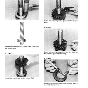 May include: A technical diagram illustrating the assembly of a mechanical component. The image shows a series of steps using tools such as a hammer, pliers, and a micrometer. Gears and shafts are also visible, with text labels detailing each stage.