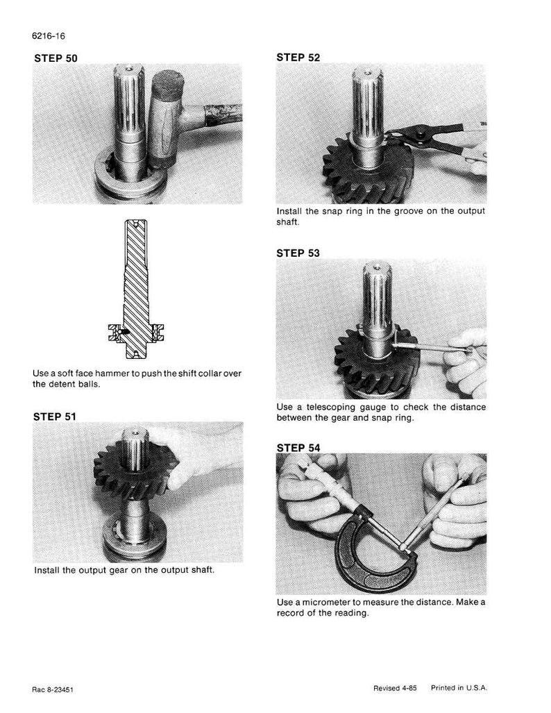 May include: A technical diagram illustrating the assembly of a mechanical component. The image shows a series of steps using tools such as a hammer, pliers, and a micrometer. Gears and shafts are also visible, with text labels detailing each stage.