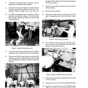 May include: A black and white technical manual page titled "BRAKE SHOES" with instructions for removing and replacing parts on a tractor. Includes diagrams and measurements in pounds and gallons.