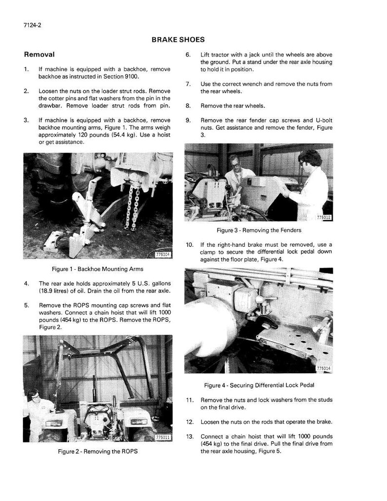 May include: A black and white technical manual page titled "BRAKE SHOES" with instructions for removing and replacing parts on a tractor. Includes diagrams and measurements in pounds and gallons.