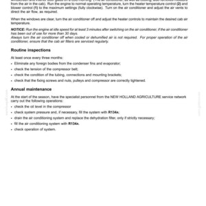 Pode incluir: Uma p&aacute;gina de documento t&eacute;cnico intitulada 3-CONTROLS/INSTRUMENTS contendo instru&ccedil;&otilde;es para operar sistemas de ar condicionado e aquecimento, incluindo inspe&ccedil;&otilde;es de rotina e procedimentos de manuten&ccedil;&atilde;o anual para equipamentos da New Holland Agriculture.