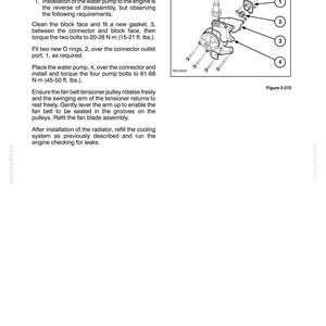 May include: A technical manual page titled SECTION 2 - ENGINE, detailing the installation of a water pump. It includes text instructions and a black and white line drawing labeled Figure 2-272, showing the water pump assembly with numbered parts.