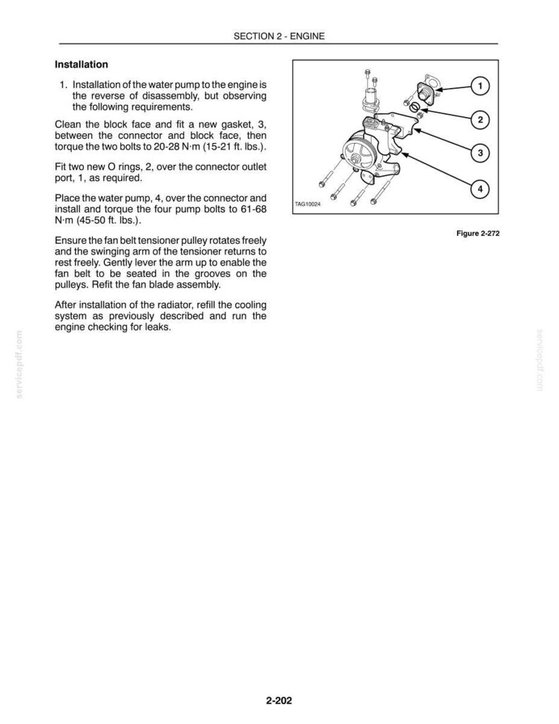 May include: A technical manual page titled SECTION 2 - ENGINE, detailing the installation of a water pump. It includes text instructions and a black and white line drawing labeled Figure 2-272, showing the water pump assembly with numbered parts.