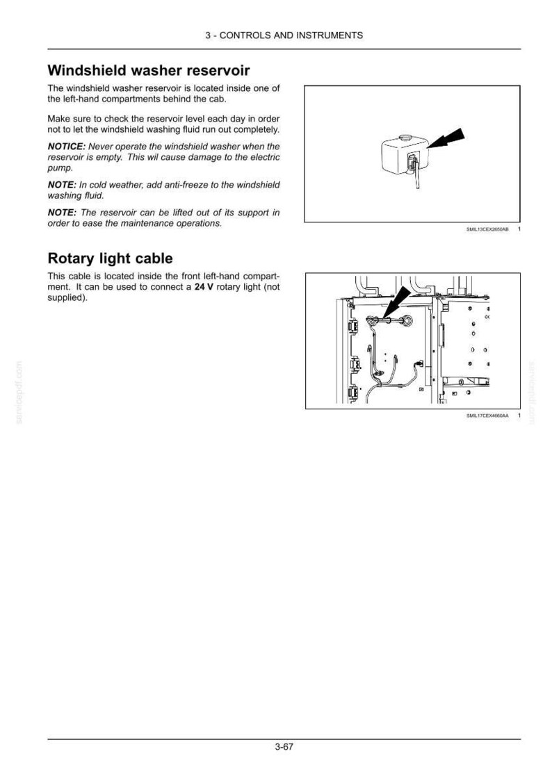 May include: Diagram of a windshield washer reservoir and rotary light cable. The reservoir is a small, rectangular container with a cap. The rotary light cable is shown connected to a 24V rotary light.