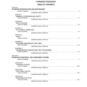 May include: A shop manual for a hydraulic excavator, EH27.B, with a table of contents. The document is printed on white paper and lists sections on standard specifications, maintenance, and hydraulic systems. The text is black.