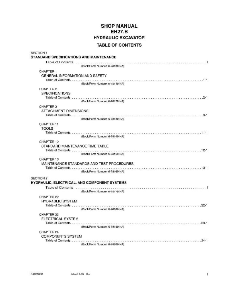 May include: A shop manual for a hydraulic excavator, EH27.B, with a table of contents. The document is printed on white paper and lists sections on standard specifications, maintenance, and hydraulic systems. The text is black.