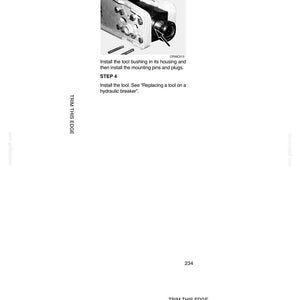 May include: A page from a manual with the title "MAINTENANCE/ADJUSTMENTS". Step 3 shows an image of a tool with instructions to install the tool bushing and mounting pins. Step 4 instructs to install the tool and refers to another section.