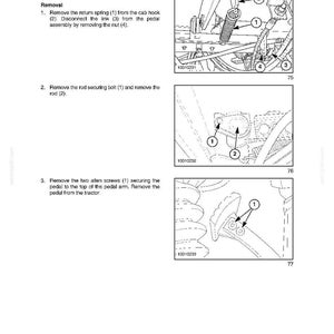 May include: Diagram from a manual showing the foot pedal linkage removal process. The image includes detailed illustrations of the steps, with labels and arrows pointing to specific parts like springs, bolts, and screws. Text provides instructions.