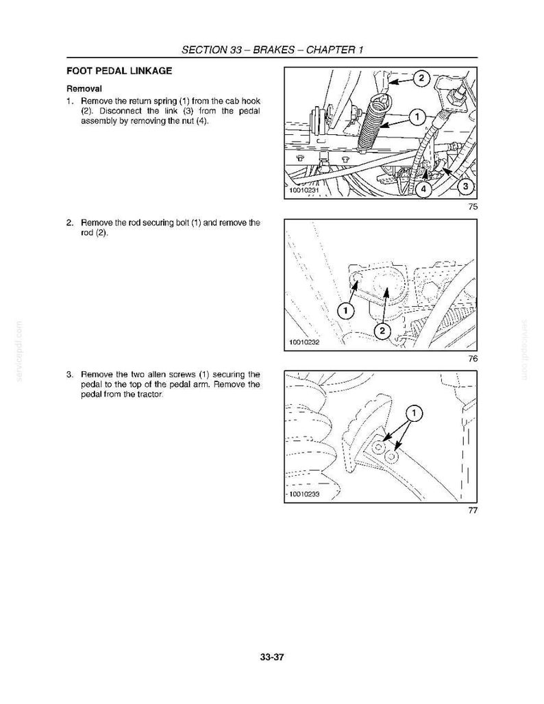 May include: Diagram from a manual showing the foot pedal linkage removal process. The image includes detailed illustrations of the steps, with labels and arrows pointing to specific parts like springs, bolts, and screws. Text provides instructions.