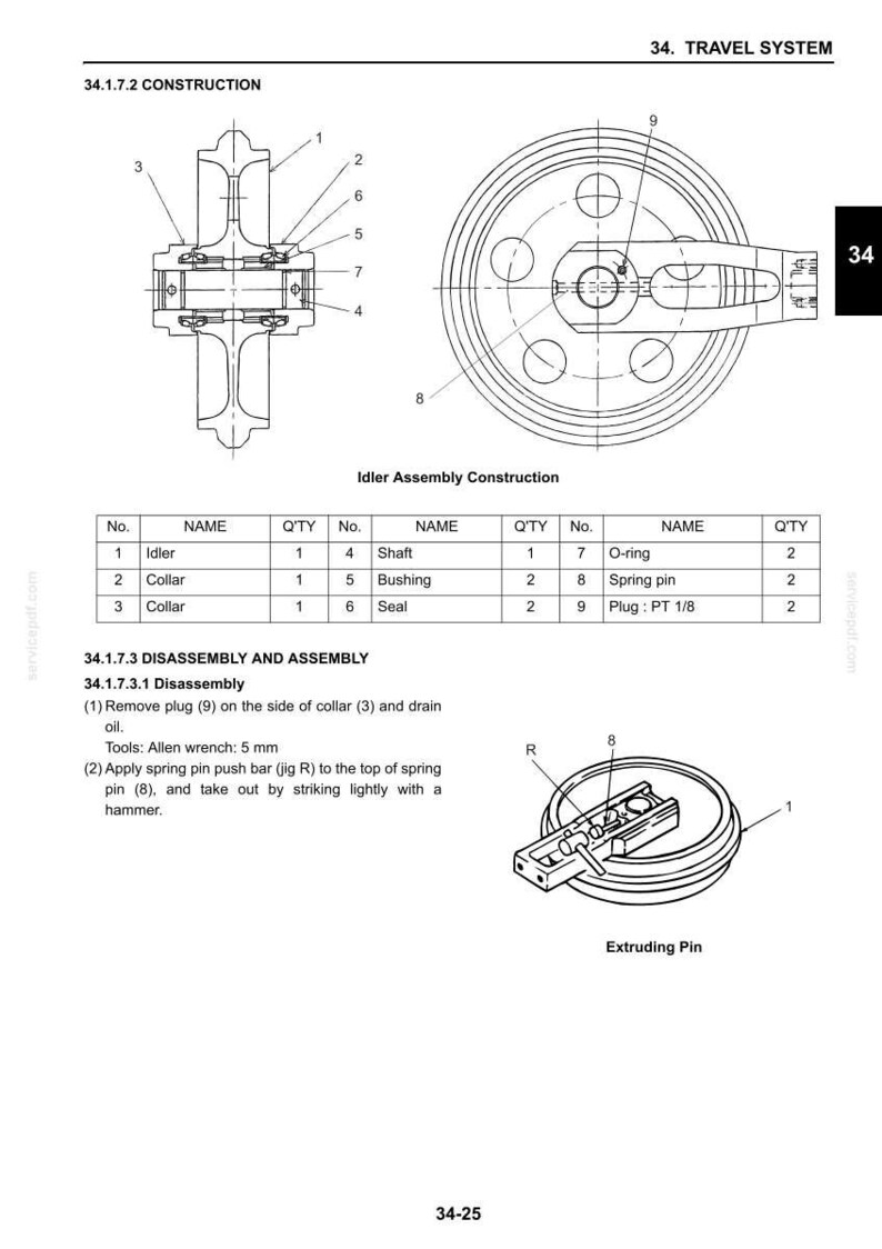 May include: A technical diagram titled 34. TRAVEL SYSTEM showing the Idler Assembly Construction with numbered parts including an idler, collars, shaft, bushing, seal, o-ring, spring pin, and plug PT 1/8, plus an extruding pin illustration.
