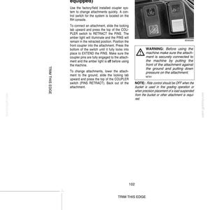 May include: A page from an operating manual with instructions for coupler pin engagement. The text describes the process of connecting and changing attachments on a machine, including safety warnings and notes. The image includes diagrams of control switches.