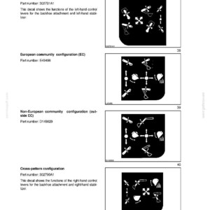 May include: A page from a manual with the title "SECTION 3 - SAFETY/DECALS/HAND SIGNALS." The page contains diagrams and text describing safety decals and hand signals for machinery. The diagrams are black and white, showing various configurations and part numbers.
