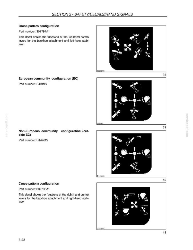 May include: A page from a manual with the title "SECTION 3 - SAFETY/DECALS/HAND SIGNALS." The page contains diagrams and text describing safety decals and hand signals for machinery. The diagrams are black and white, showing various configurations and part numbers.
