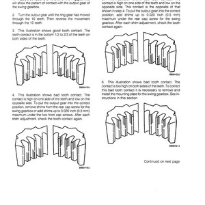 May include: Diagram from a manual titled "Checking Tooth Contact." The image shows illustrations of gear teeth contact patterns, with accompanying text explaining the process and troubleshooting. Includes measurements in inches and millimeters.