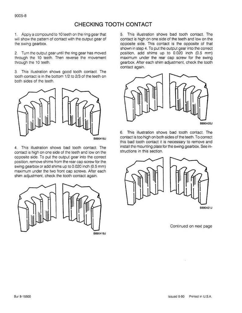 May include: Diagram from a manual titled "Checking Tooth Contact." The image shows illustrations of gear teeth contact patterns, with accompanying text explaining the process and troubleshooting. Includes measurements in inches and millimeters.