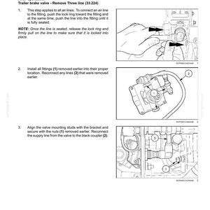 Op de afbeelding: Diagram van de installatie van een aanhangerremklep met drie leidingen. Instructies omvatten het aansluiten van luchtleidingen, het installeren van fittingen en het uitlijnen van de klemmontagebouten. Met diagrammen en tekst.