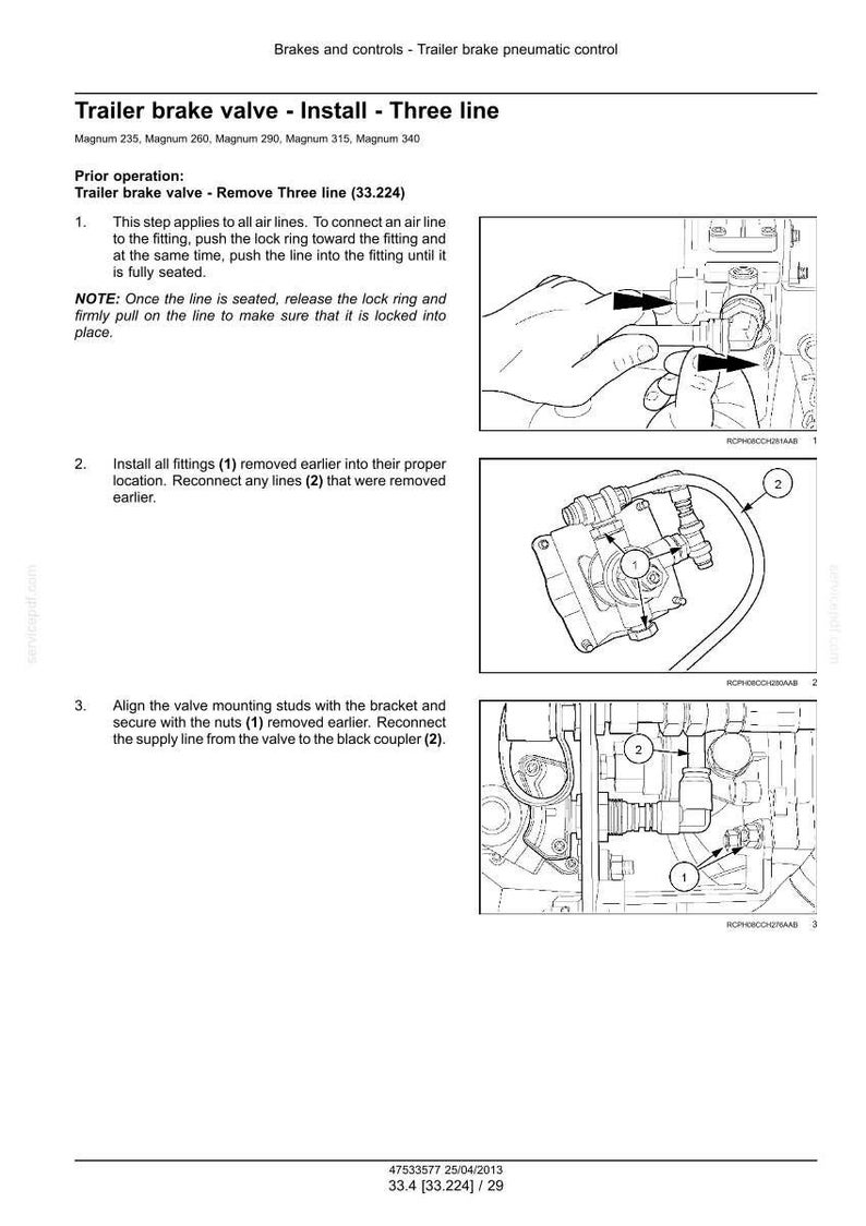 Op de afbeelding: Diagram van de installatie van een aanhangerremklep met drie leidingen. Instructies omvatten het aansluiten van luchtleidingen, het installeren van fittingen en het uitlijnen van de klemmontagebouten. Met diagrammen en tekst.