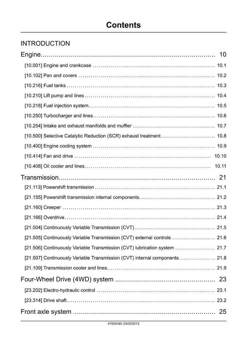 May include: A page from a manual titled "Contents" with a list of engine and transmission components. The list includes items like fuel tanks, turbocharger, and continuously variable transmission (CVT).