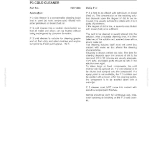 May include: A page from a manual detailing the use of P3 Cold Cleaner. The text describes the product's application, dilution instructions, and cleaning procedures. The document includes the part number 73171488 and safety precautions.