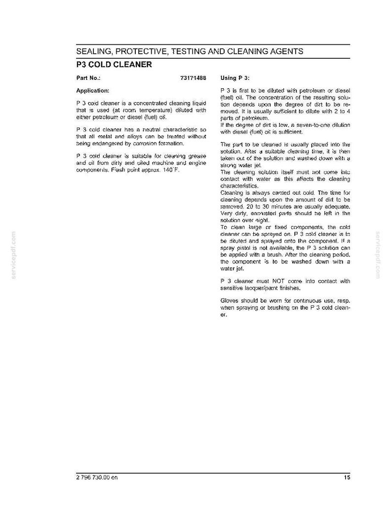 May include: A page from a manual detailing the use of P3 Cold Cleaner. The text describes the product's application, dilution instructions, and cleaning procedures. The document includes the part number 73171488 and safety precautions.