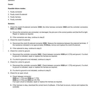 以下が含まれることがあります： 「2343-Clutch B Solenoid - Open Circuit Or Short Circuit To Ground」と題された技術文書。コネクタのチェックや抵抗測定など、考えられる故障モードと解決策を記載。電気システム用。