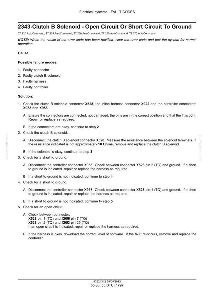 以下が含まれることがあります： 「2343-Clutch B Solenoid - Open Circuit Or Short Circuit To Ground」と題された技術文書。コネクタのチェックや抵抗測定など、考えられる故障モードと解決策を記載。電気システム用。