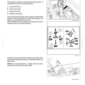 May include: Diagram of a joystick control panel with labeled functions for lift arm and bucket control. Includes illustrations of joystick movements and a Return-to-dig button. Text explains the joystick's operation and the HOLD position.