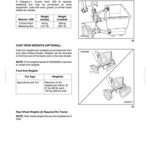 Puede incluir: Una p&aacute;gina de manual t&eacute;cnico titulada Section 2 - Operation, que detalla cajas de lastre y pesas de hierro fundido para tractores. Incluye diagramas de una caja de lastre de enganche de 3 puntos y pesas delanteras, con tablas de pesos en kg.