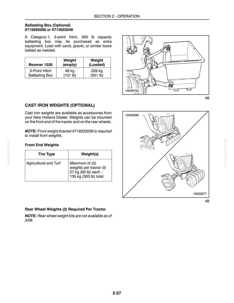 Puede incluir: Una p&aacute;gina de manual t&eacute;cnico titulada Section 2 - Operation, que detalla cajas de lastre y pesas de hierro fundido para tractores. Incluye diagramas de una caja de lastre de enganche de 3 puntos y pesas delanteras, con tablas de pesos en kg.