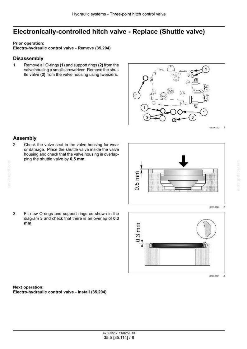 May include: Diagram illustrating the replacement of an electronically-controlled hitch valve, with disassembly and assembly steps. Measurements are shown as 0.5 mm and 0.3 mm overlap. Text includes "Remove" and "Install".