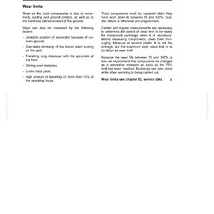 May include: A page from a technical handbook, titled "Wear limits." The text details factors affecting wear on track components, including ground contact and operating conditions. It also provides instructions for measuring wear and component replacement.