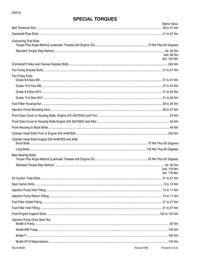 May include: A printed page titled "SPECIAL TORQUES" with a list of engine torque specifications. The text includes bolt sizes, torque values in Newton meters (Nm), and specific instructions for various engine components.