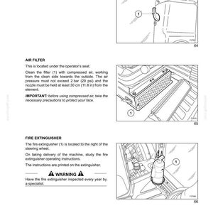 May include: Diagram of a coat hanger hook, air filter, and fire extinguisher with labels and numbered indicators. The air filter is under the operator's seat. The fire extinguisher is to the right of the steering wheel.