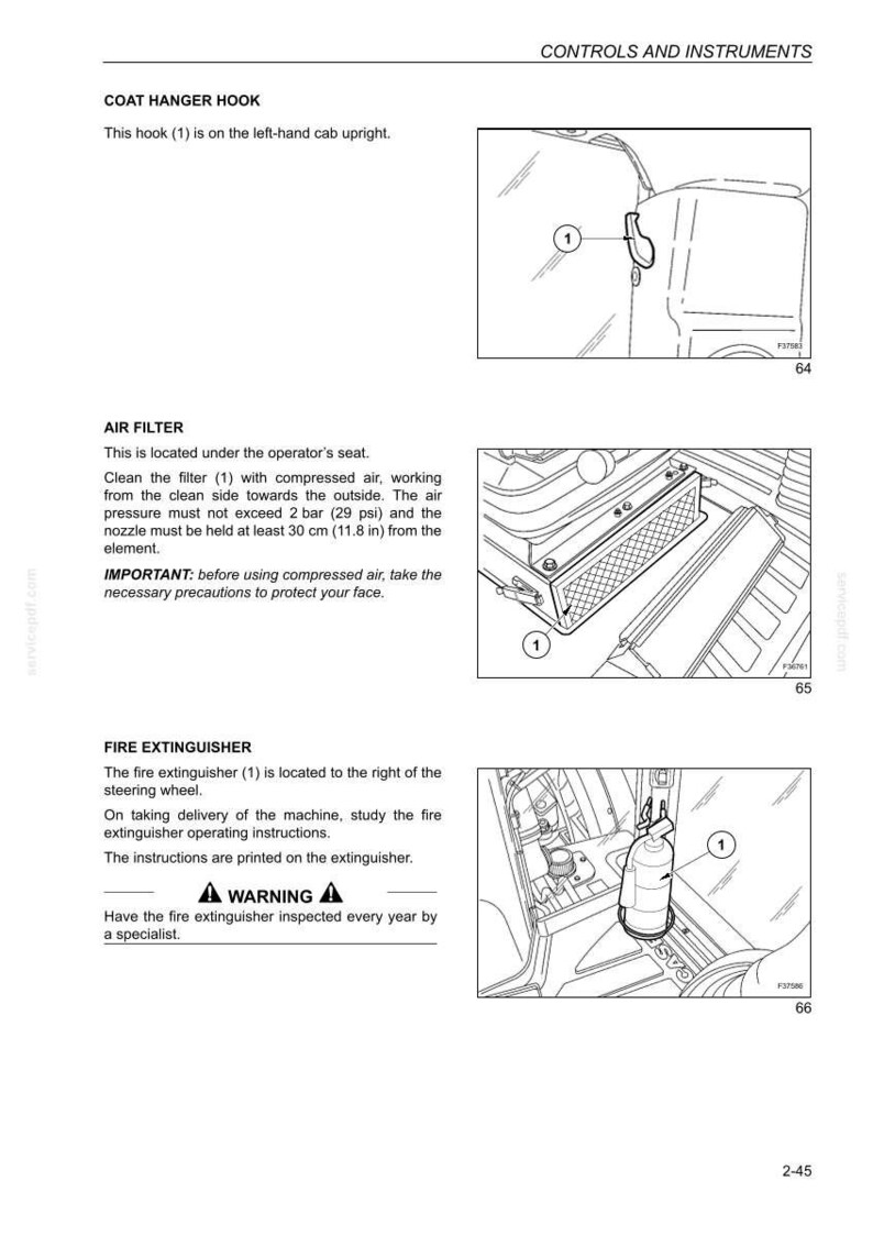 May include: Diagram of a coat hanger hook, air filter, and fire extinguisher with labels and numbered indicators. The air filter is under the operator's seat. The fire extinguisher is to the right of the steering wheel.