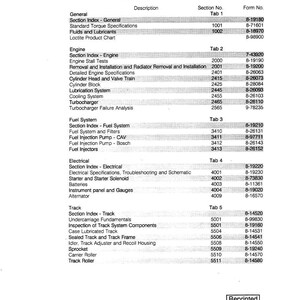 May include: A service manual for the 850E/855E Crawler, featuring a table of contents with sections on the engine, fuel system, electrical components, and track. The manual includes detailed specifications and troubleshooting guides.
