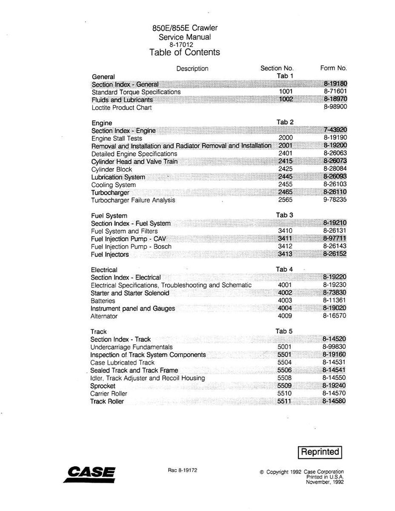 May include: A service manual for the 850E/855E Crawler, featuring a table of contents with sections on the engine, fuel system, electrical components, and track. The manual includes detailed specifications and troubleshooting guides.