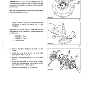 May include: A technical manual page titled SECTION 25 - FWD FRONT AXLE - CHAPTER 1, featuring diagrams of a gear reduction box assembly. It includes numbered parts, installation instructions for a seal, and a tool for the hub cover assembly.