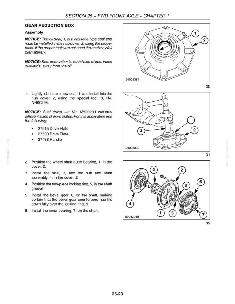 May include: A technical manual page titled SECTION 25 - FWD FRONT AXLE - CHAPTER 1, featuring diagrams of a gear reduction box assembly. It includes numbered parts, installation instructions for a seal, and a tool for the hub cover assembly.