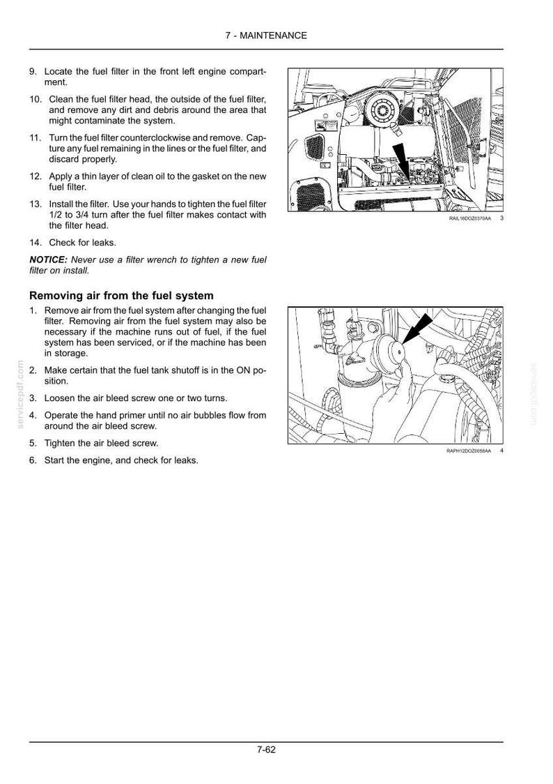 May include: A technical maintenance manual page titled 7-MAINTENANCE, featuring black and white line drawings of an engine compartment and a fuel system component. It includes numbered instructions for replacing a fuel filter and removing air.