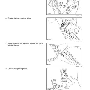 May include: Diagram from a manual showing steps for installing and connecting parts on a machine. The steps include installing bolts, connecting wiring, routing hoses, and connecting a sprinkling hose. The text includes torque specifications in N&middot;m and lb ft.